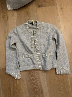 Maje Gray Knit Cardigan with Pearl Embellishment